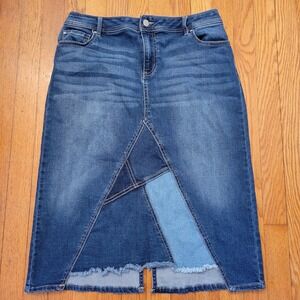 EST 1946 Denim Patchwork Midi Skirt Blue Distressed Raw Hem 12 Modest‎ Steampunk